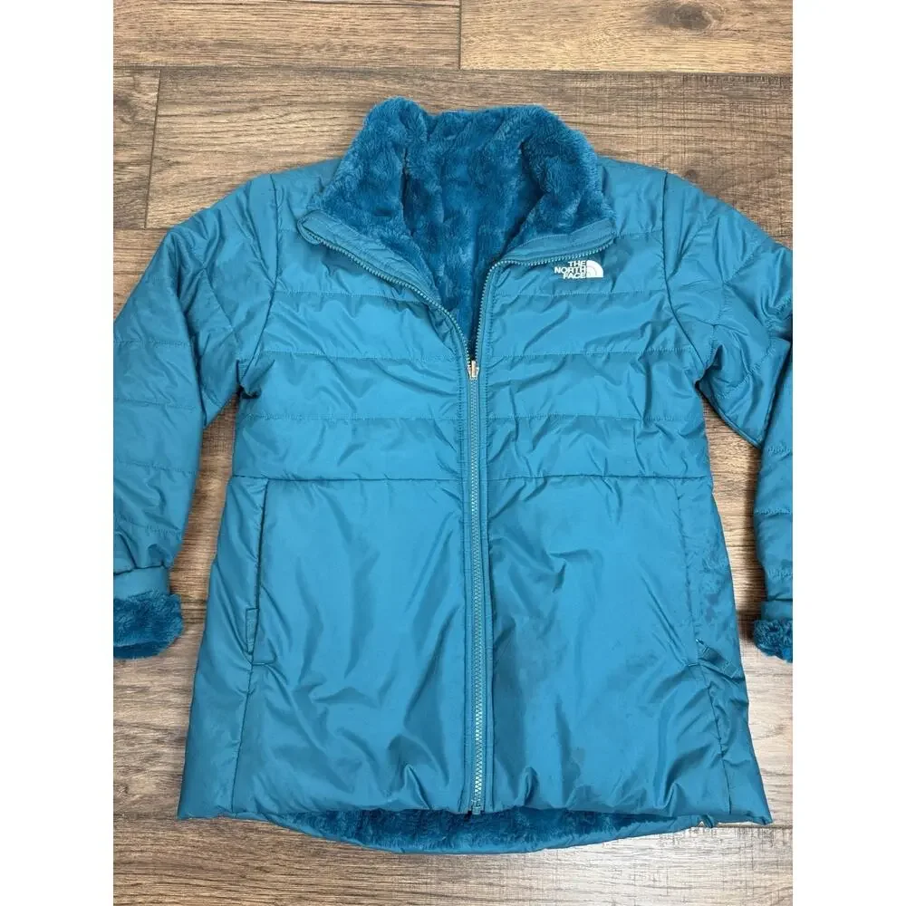 Girls The North Face Mossbud Faux Fur Coat Youth XL Reversible Teal Blue Sz 18